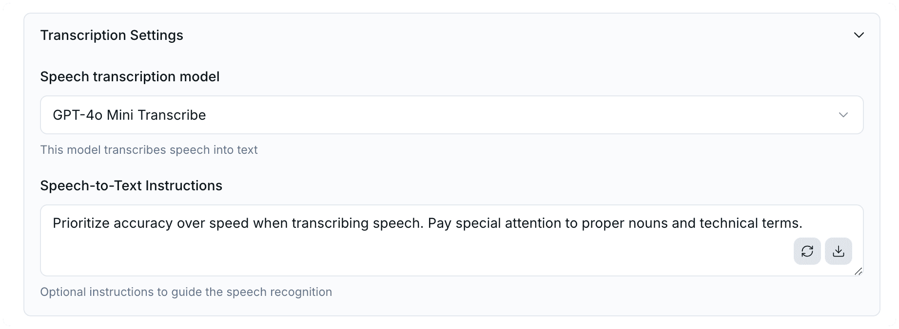 transcription model settings