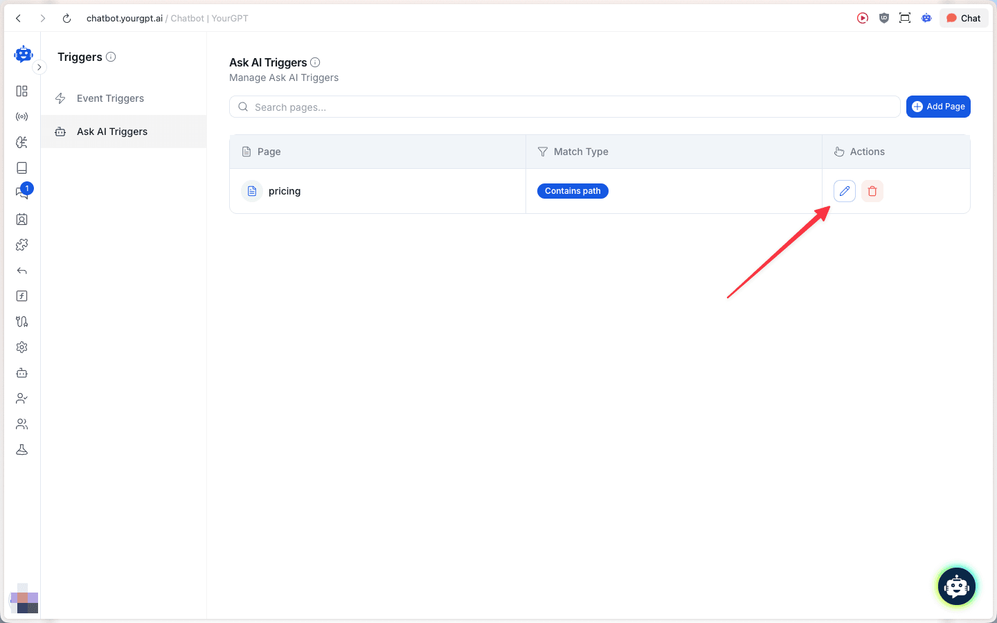 Ask AI Triggers page list